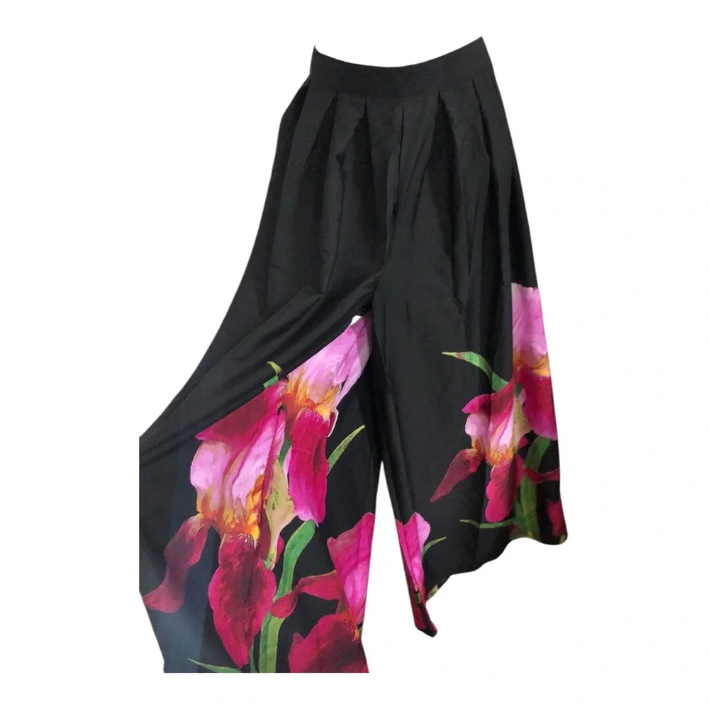Black pink hibiscus floral tropical print hem wide leg flowy pants size XL new - Picture 5 of 17